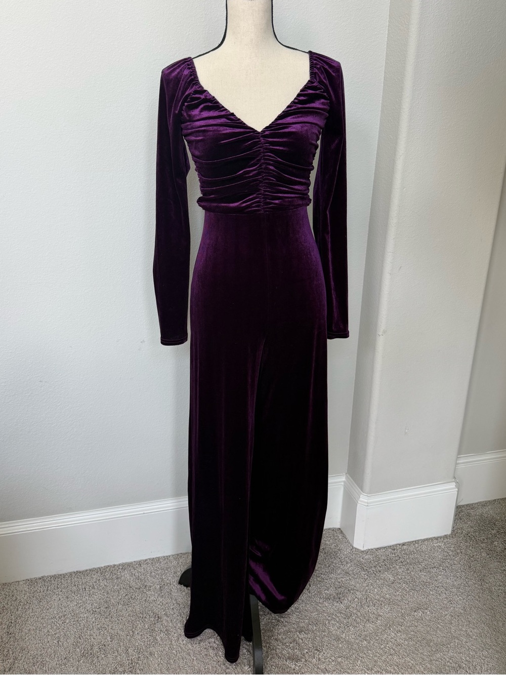 Lulu's Deep Purple Velvet Long Sleeve Wide Leg Jumpsuit